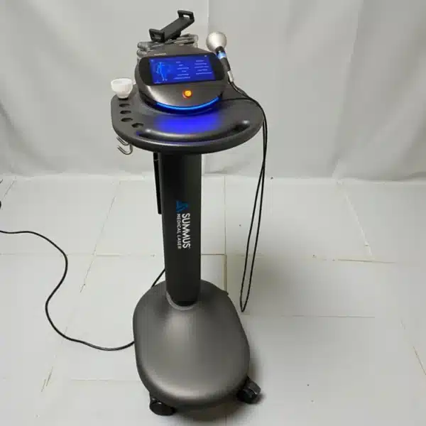 A Summus Horizon Laser device on a gray wheeled stand, with the touchscreen display turned on, a handpiece attached on the right side, and cables hanging down, photographed against a white background.