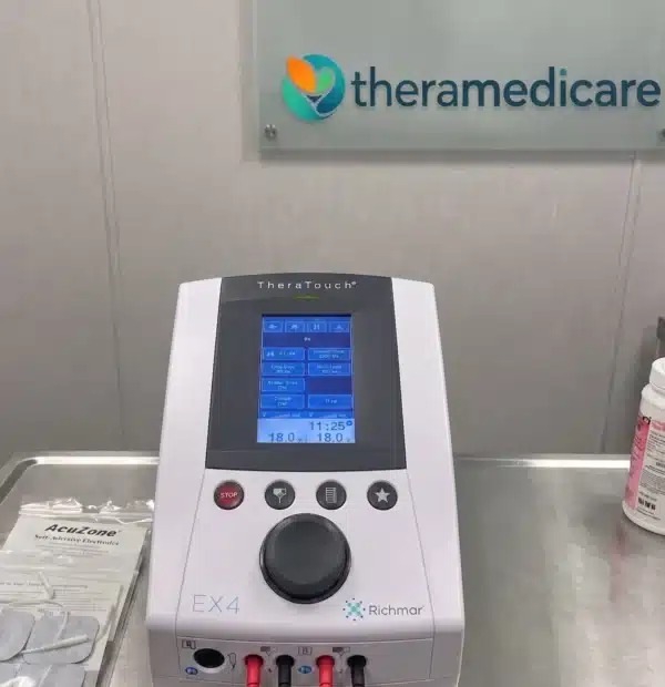 Richmar TheraTouch CX4 electrotherapy unit with digital touchscreen display on a medical cart at Theramedicare