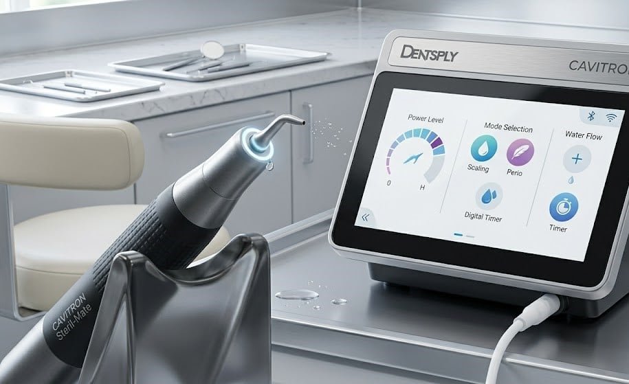 Dentsply Sirona Cavitron Touch ultrasonic scaler featuring a digital touchscreen interface for heavy calculus removal.