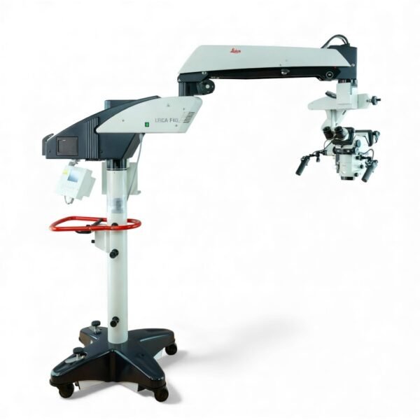 Full view of the Leica M525 F40 neurosurgical microscope system mounted on the compact F40 floor stand, ready for operation.