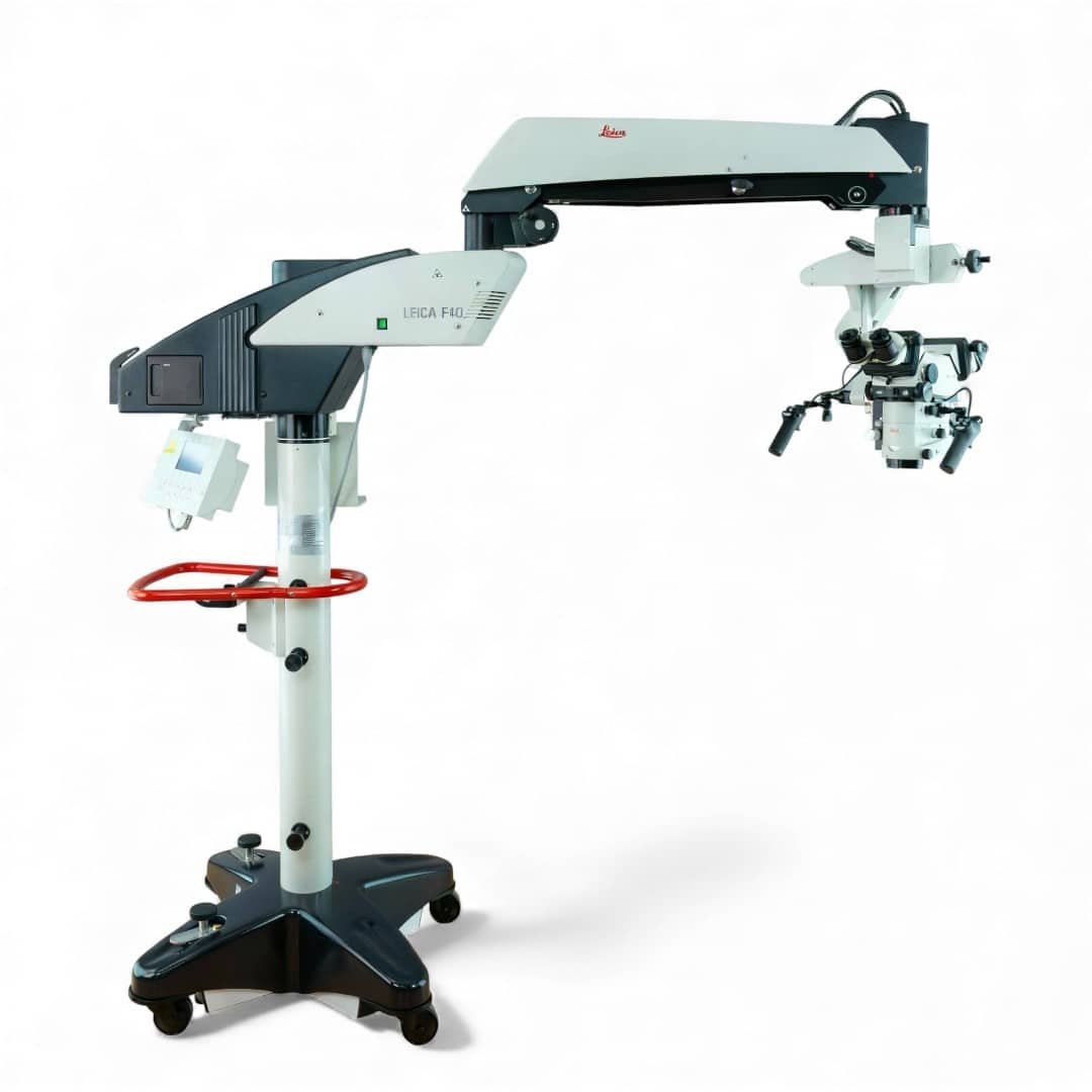 Full view of the Leica M525 F40 neurosurgical microscope system mounted on the compact F40 floor stand, ready for operation.