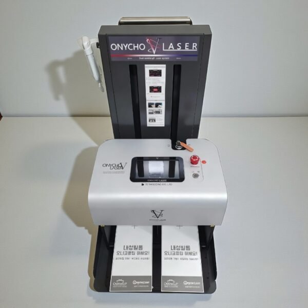 A medical TERASYS Onycho V Laser device on a tabletop, featuring a gray main unit with control buttons and viewing window, attached to a vertical black stand displaying promotional materials in Korean.