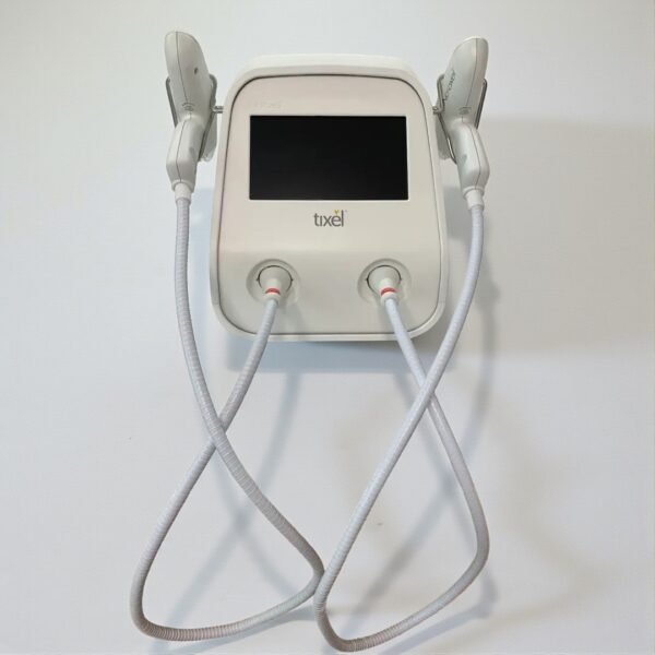 Front view of the white Novoxel Tixel 2 medical device featuring a bright color touchscreen interface displaying treatment parameters, a connected handpiece on the left holder, and branding logos.