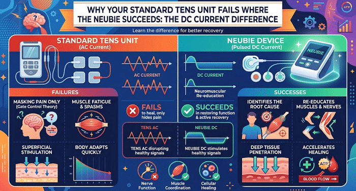 Why Your Standard TENS Unit Fails Where the NEUBIE Succeeds: The DC Current Difference